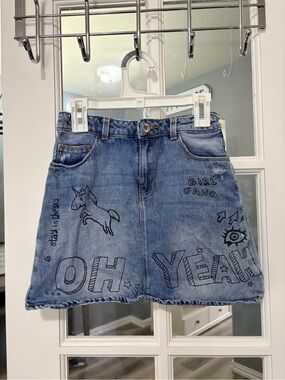 Zara Blue Denim Skirt with Black Graphic Accents
